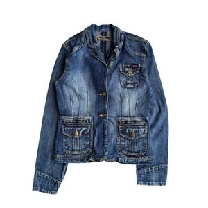 Yuka Jeans M Women's Denim Utility Jacket Button Up Pockets Western Y2K Style